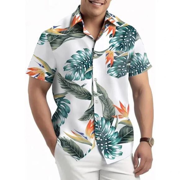 ❤️Men White Short Sleeve Button Down Casual Beach  Tropical Holiday Shirts - Picture 1 of 7